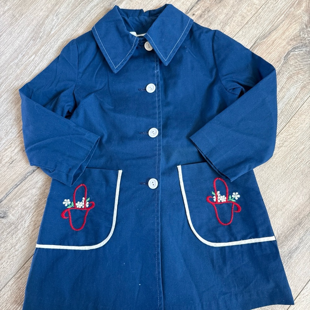 VTG Girls Blue Button Up Coat with Embroidered Pockets